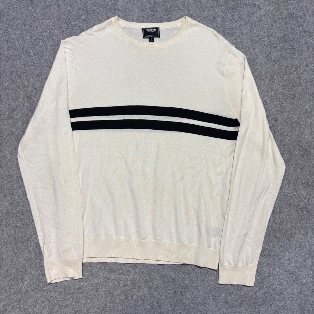 Todd Snyder Mens Cream Black Double Stripe Crewneck Sweater Large